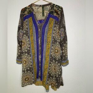 Aratta Silent Journey blouse floral sz medium Bohemian gray blue 100% cotton